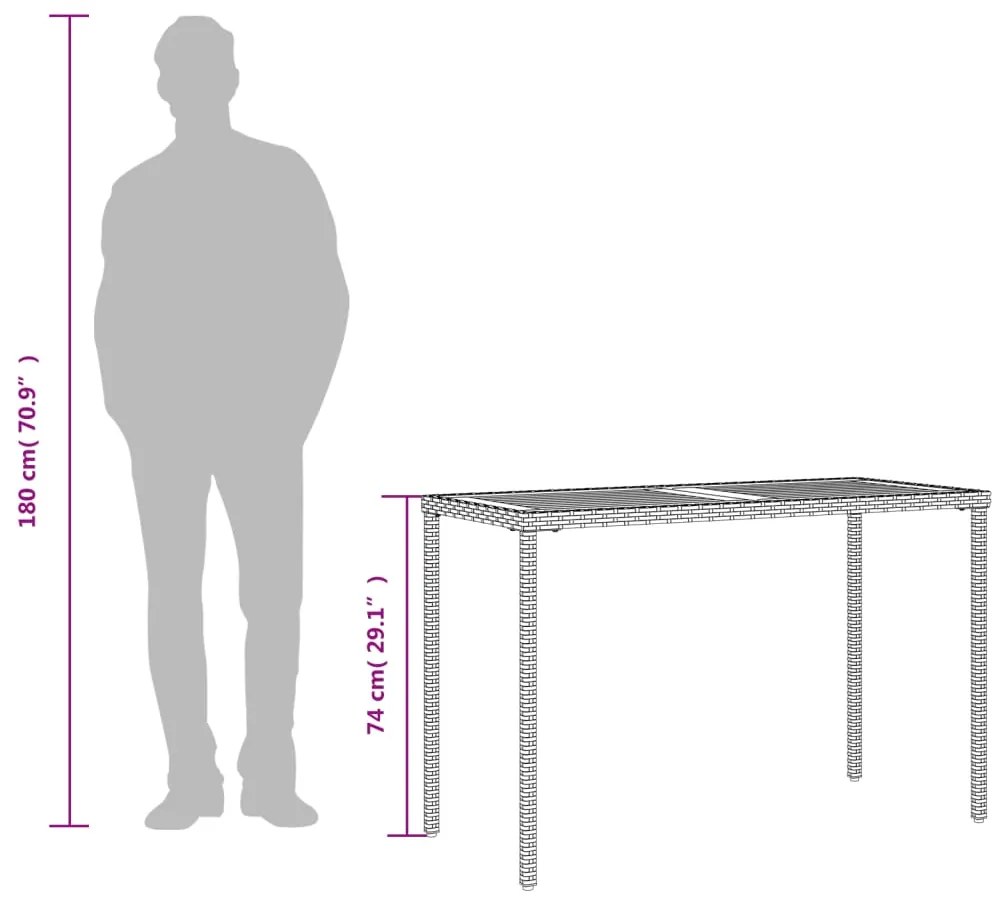 Mesa de jardim com tampo em acácia 115x54x74 cm vime PE cinza