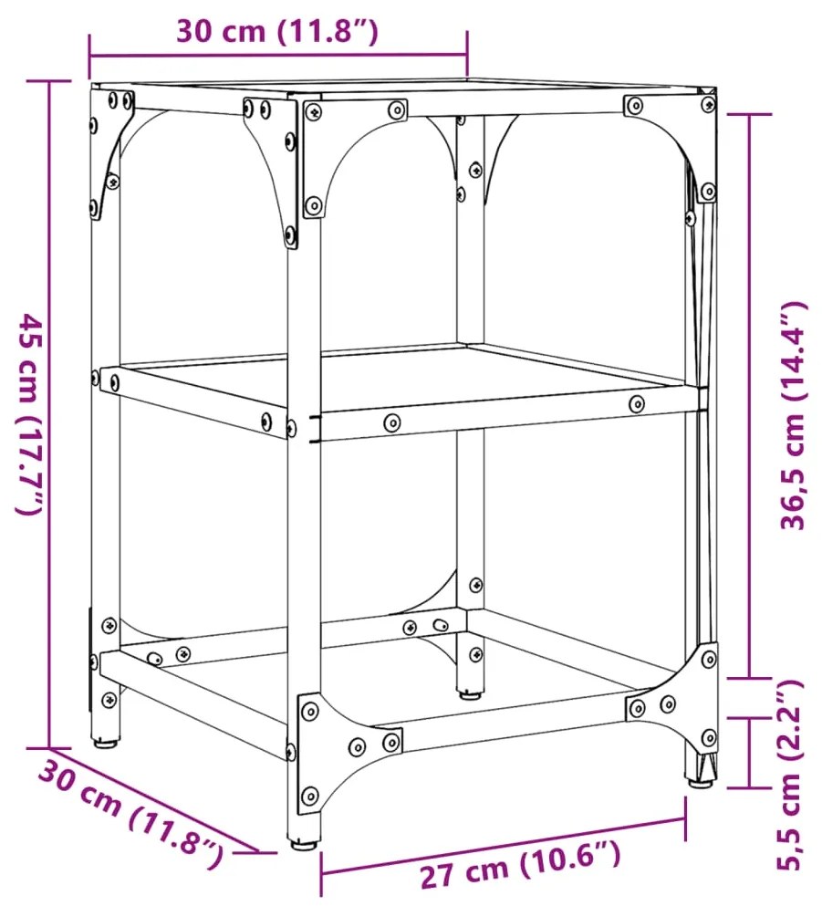Mesa de centro c/ tampo em vidro transparente 30x30x45 cm aço