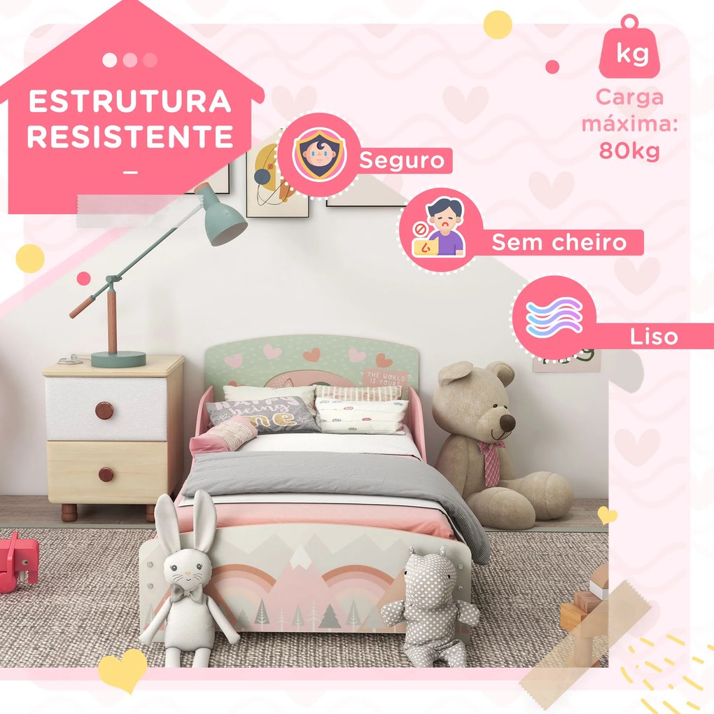 Cama para Crianças de Madeira (COLCHÃO NÃO INCLUIDO) com Barreira de Proteção e Estampados Carga Máx. 40 kg 143x77x60 cm Rosa