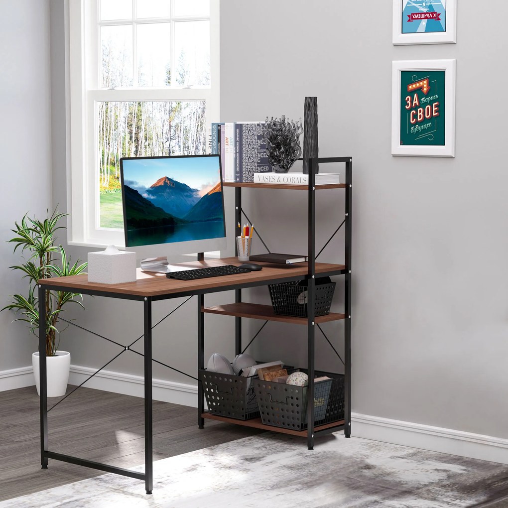 Secretária de canto com arrumação 120 C x 64 L x 121 A cm, estilo industrial, com estante de 3 prateleiras em aglomerado com acabamento em cor nogueir