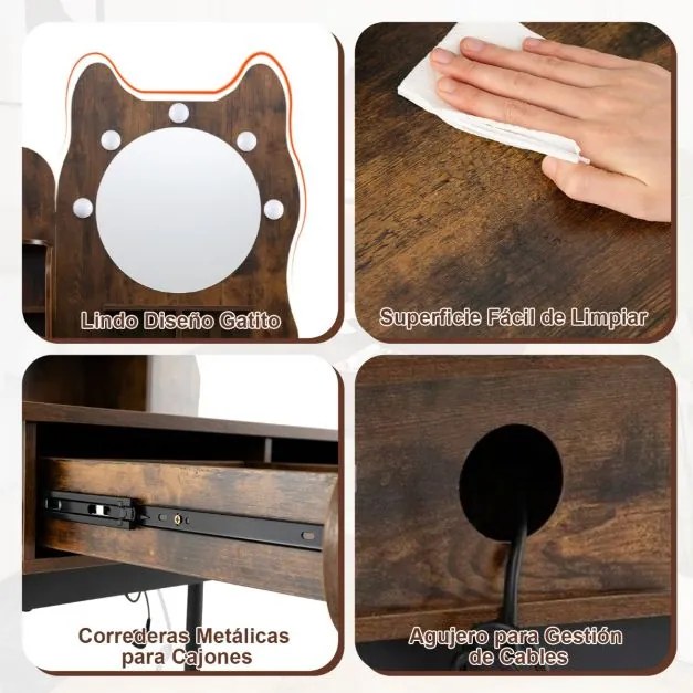 Toucador com espelho e luzes 80 x 50 x 150 cm em forma de gatinho com 3 modos de iluminação e brilho ajustável e 2 gavetas Castanho