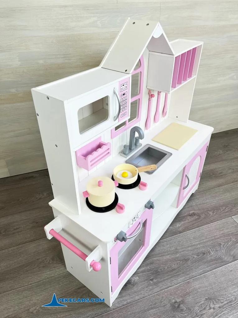 Cozinha de brincar infantil de madeira branca e rosa com forno e micro-ondas