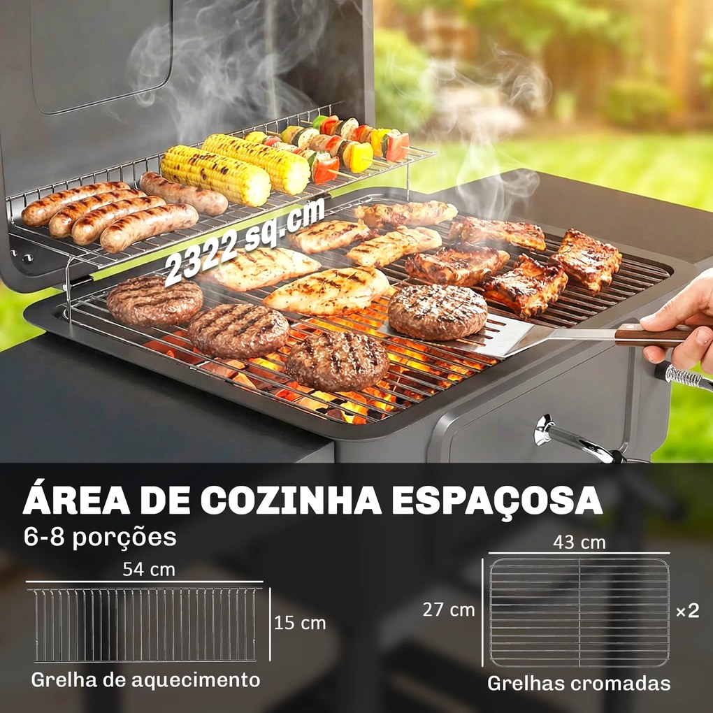 Grelhador a Carvão Portátil com Bandeja e Ventilação Ajustável Grelha Grande Prateleiras Laterais Termómetro 112x65x115 cm Preto