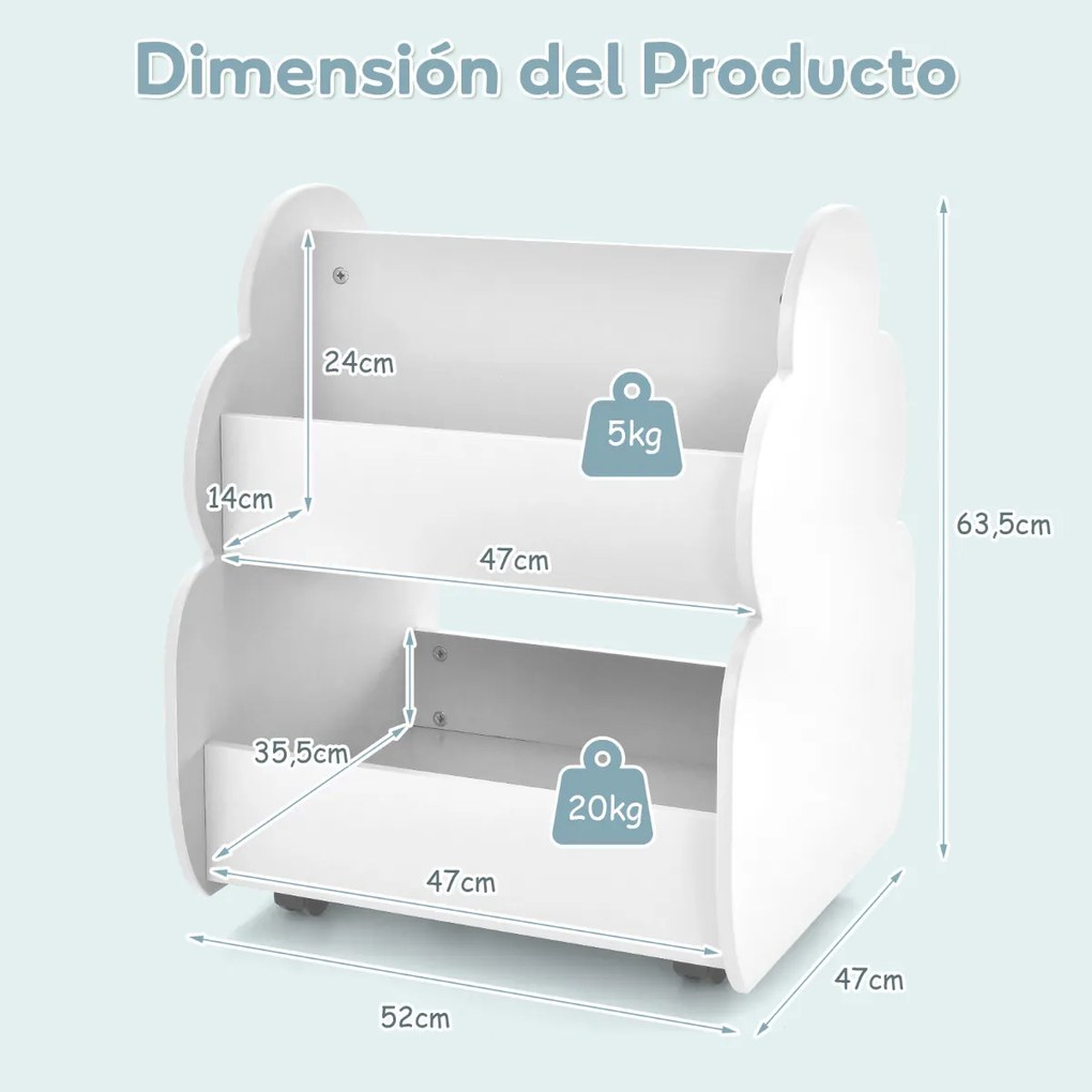 Estante infantil de 2 níveis com rodas para crianças com espaço de arrumação 52 cm x 47 cm x 63 cm branca