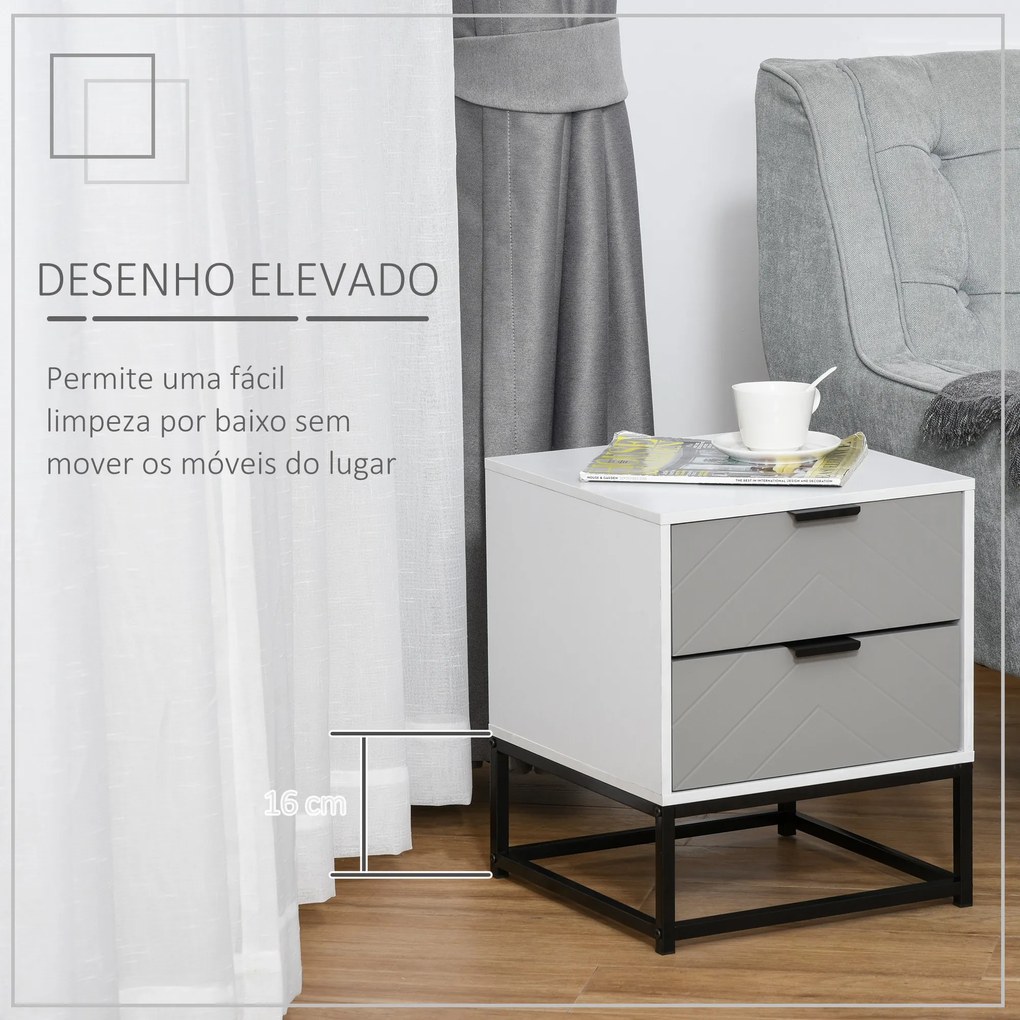 Mesa de cabeceira com 2 gavetas e base elevada de metal Estilo moderno e minimalista 39,5x40x48 cm Branco e cinza