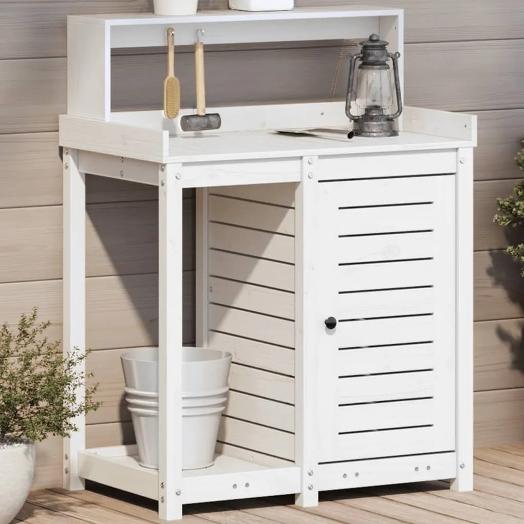 vidaXL Mesa de jardinagem com prateleiras madeira pinho maciça branco