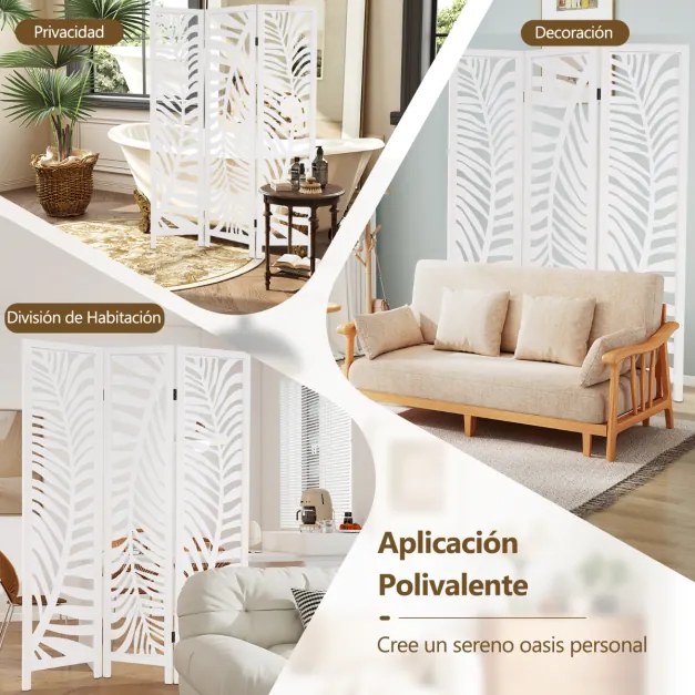 Biombo dobrável de 3 painéis 121 x 170 cm para quarto em madeira de paulownia, tela de privacidade com padrões requintados branco