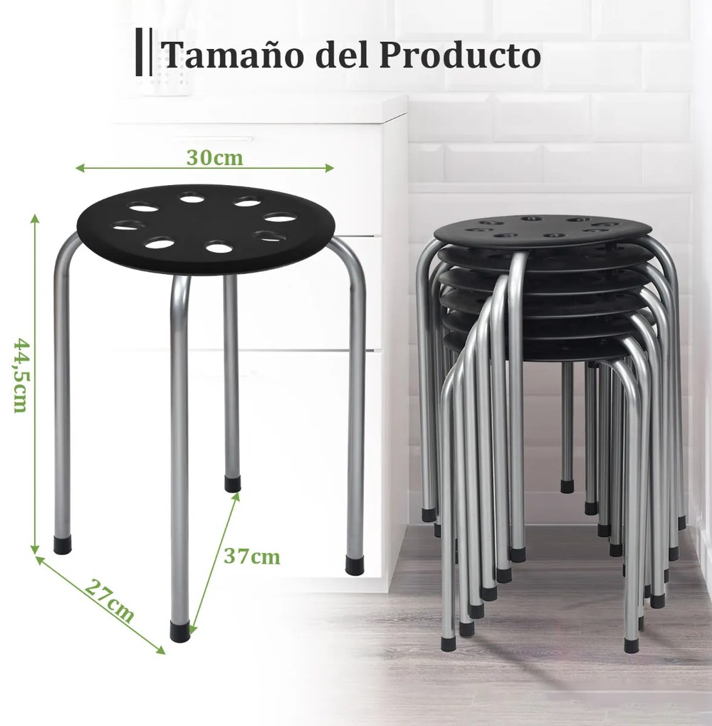 Conjunto de 6 bancos empilháveis de meta com assento perfurado redondo e estrutura metálica para cozinha, sala Pretos