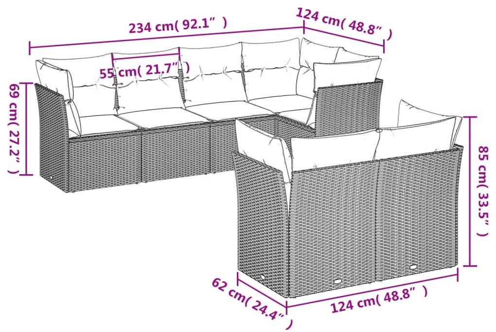 7 pcs conjunto de sofás p/ jardim com almofadões vime PE bege