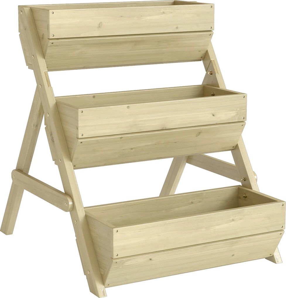 Outsunny Canteiro elevado vertical com 3 níveis, canteiro vertical em madeira, caixa para flores com 3 vasos, orifícios de drenagem Verde | Aosom Portugal