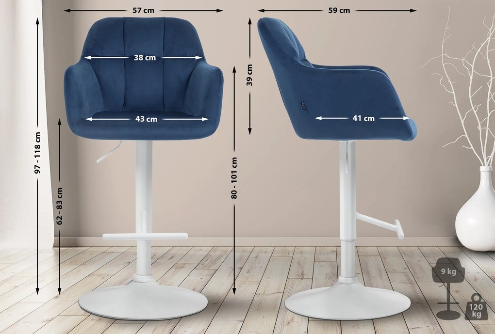 Banco de bar Natoma em veludo com estrutura branca 97-118 x 57 x 59 cm Azul