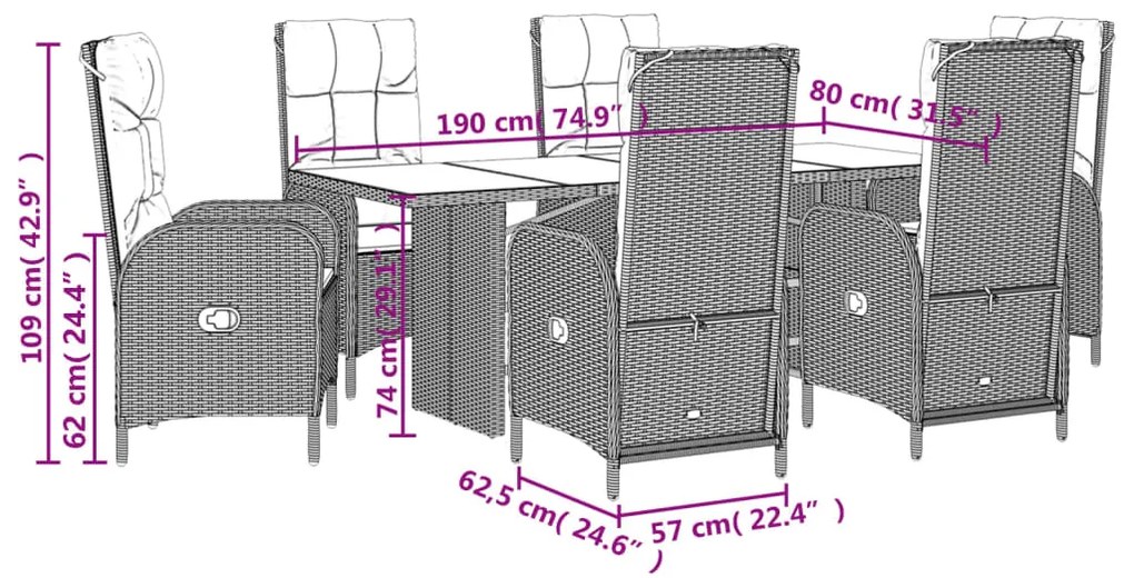 7 pcs conjunto de jantar p/ jardim c/ almofadões vime PE cinza