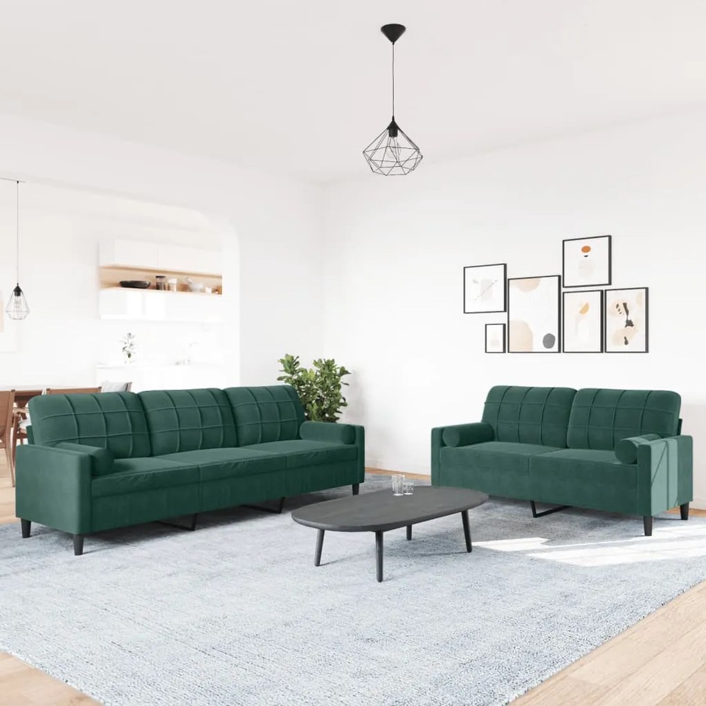 2 pcs conjunto sofás com almofadões e rolos veludo verde-escuro