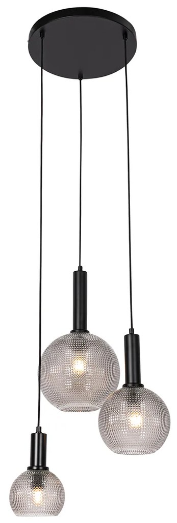 Candeeiro de suspensão design preto com vidro fumê 3 luzes - Chico Design