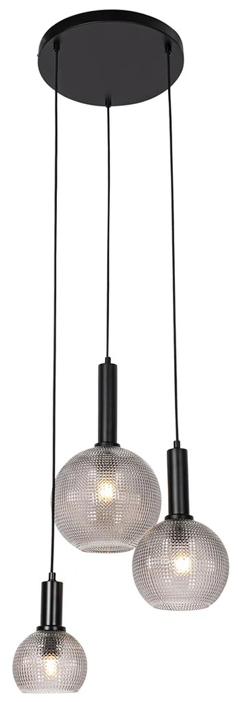 Candeeiro suspenso design preto com vidro fumê 3 luzes - Chico Design