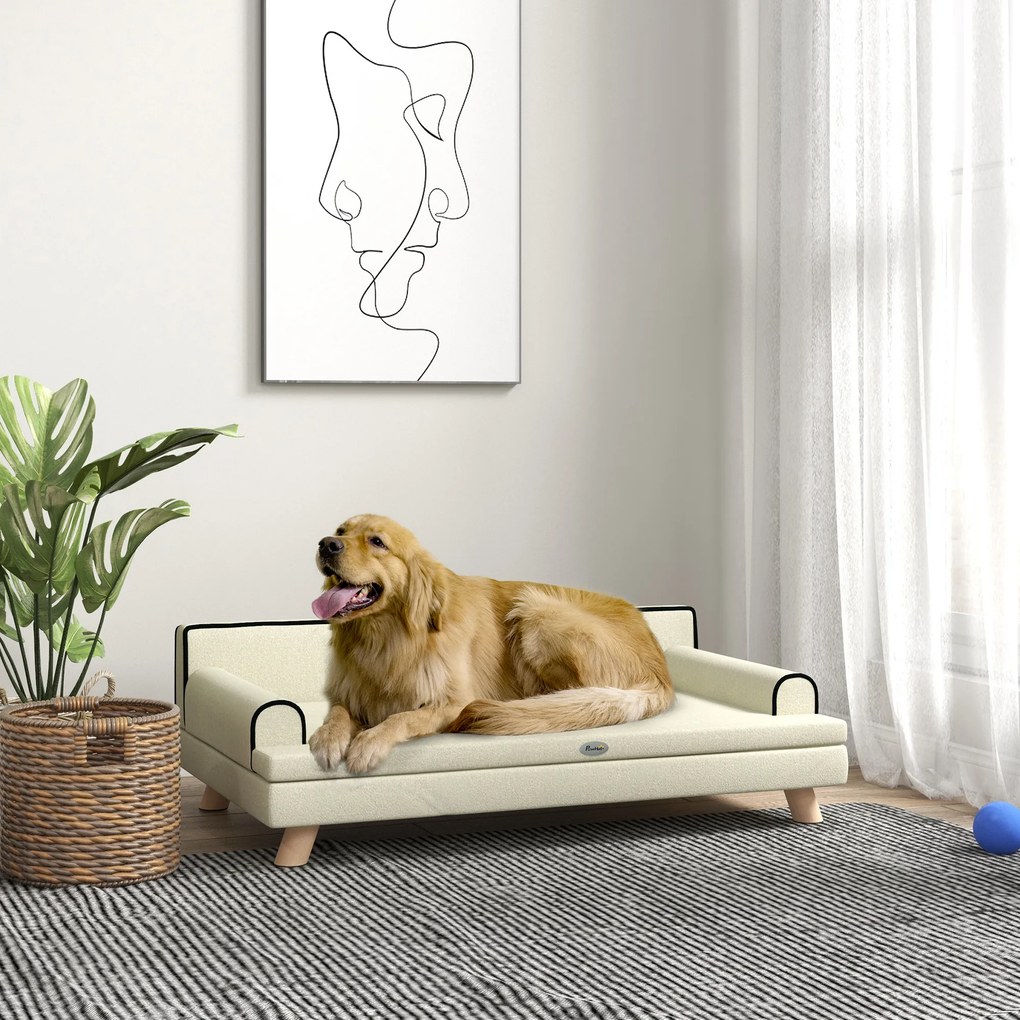 Sofá para cães e gatos com design escandinavo 100 x 62 x 32 cm, almofada macia removível e pés em madeira maciça bege