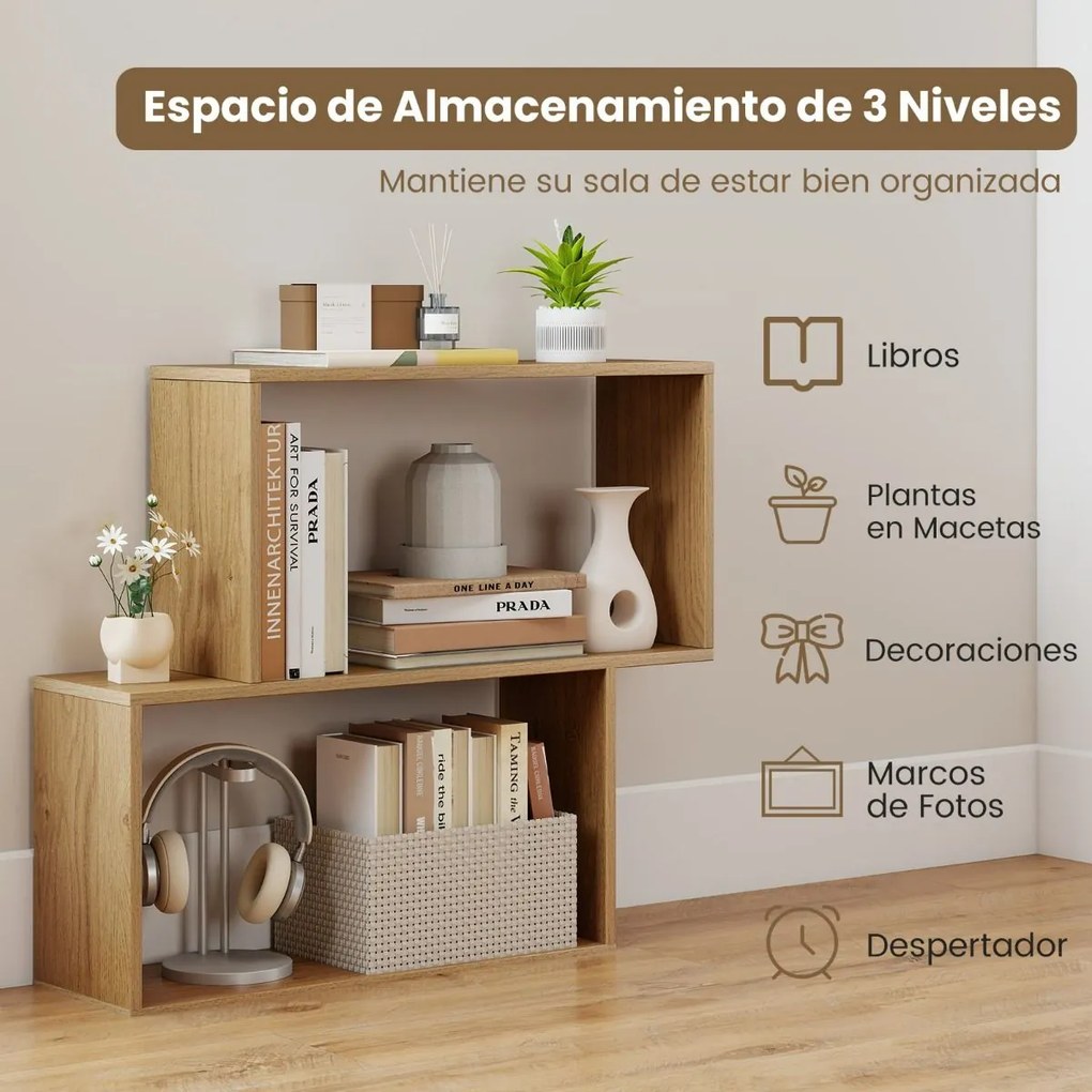 Estante para livros 80 × 22 × 70 cm de 2 níveis com espaço de armazenamento Natural