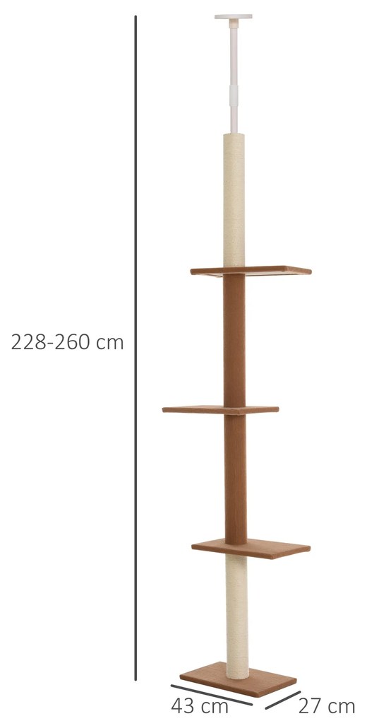 Árvore para gatos do chão ao teto, altura ajustável com 4 plataformas 43x27x228-260