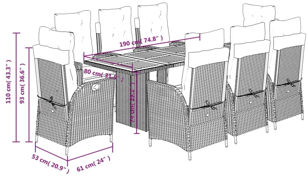9 pcs conjunto de jantar p/ jardim c/ almofadões vime PE preto