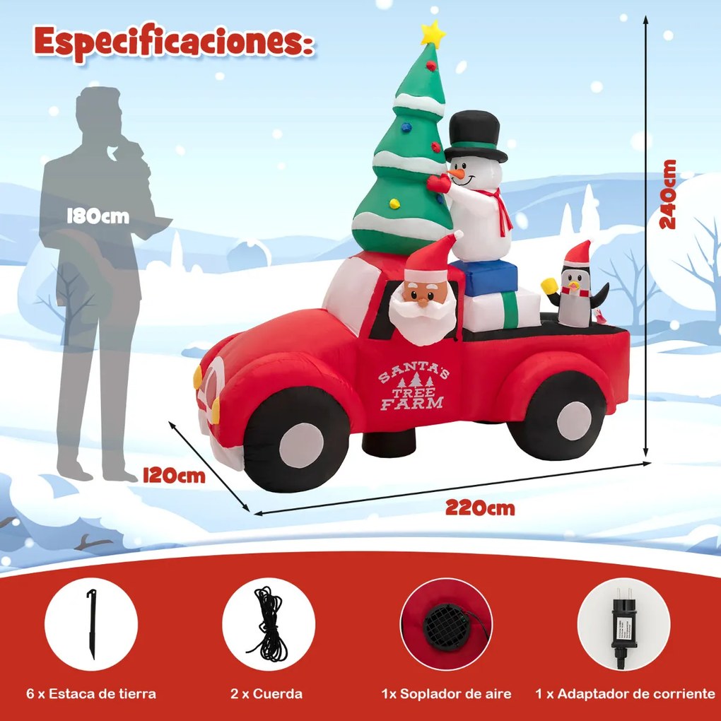 Pai Natal insuflável conduzindo um carro com LED e ventilador Decoração de Natal insuflável para uso interno e externo