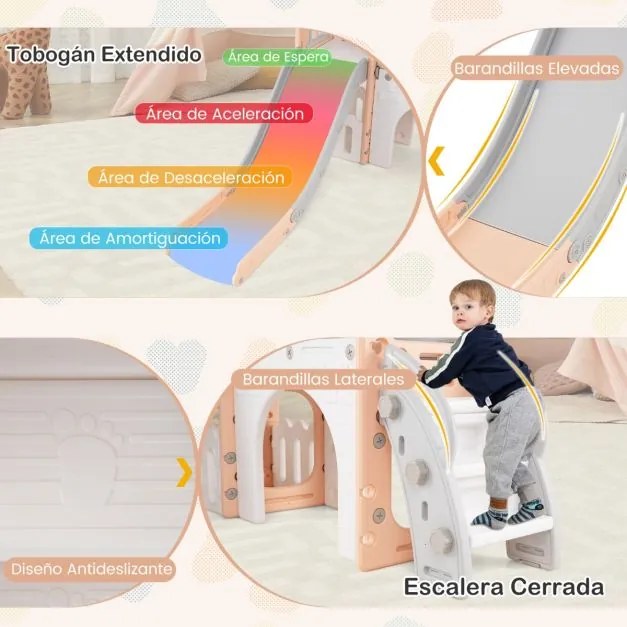 Escorrega infantil 9 em 1 com cesto de basquetebol, telescópio, ponte suspensa e túnel para 1+ anos 176 x 138 x 80 cm rosa