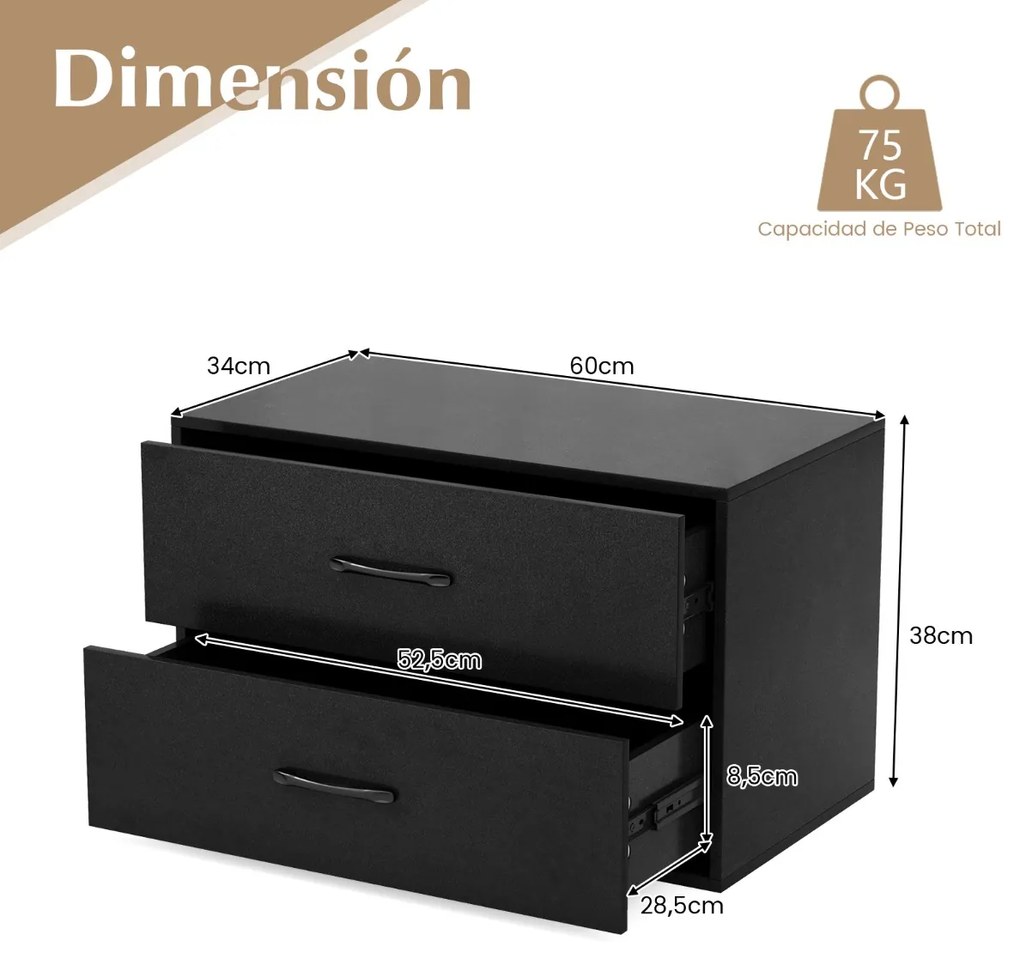 Armario de arrumação empilhável de 2 gavetas sala de estar Escritório de estudo Preto