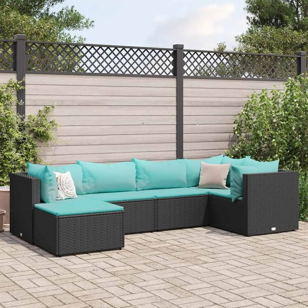 vidaXL 6 pcs conjunto lounge de jardim c/ almofadões vime PE preto