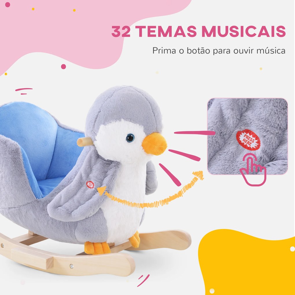 Cavalo Baloiço para Bebés acima de 18 Meses Forma de Pinguim com Músicas Infantis 60x33x50 cm Cinza