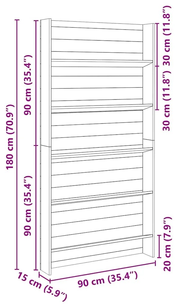 Suporte para plantas de jardim 5 andares 90x15x180 cm em madeira de pi