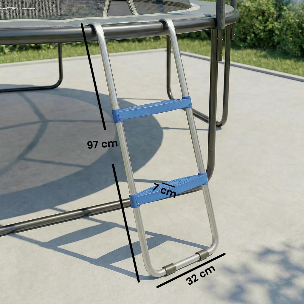 Escada para trampolim com 2 degraus largos e gancho universal, estrutura em aço galvanizado, capacidade de carga de 150 kg, 97 x 32 x 7 cm, azul