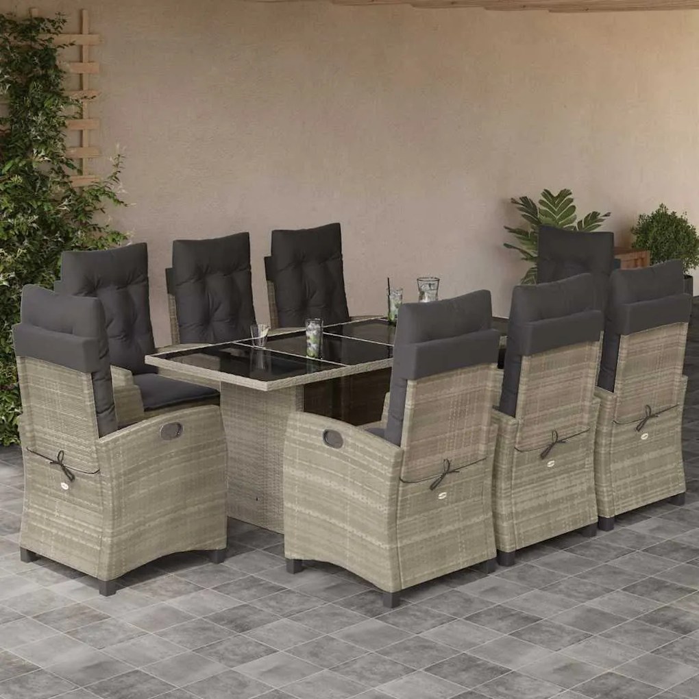 vidaXL 9 pcs conjunto de jantar p/ jardim c/ almofadões cinzento claro