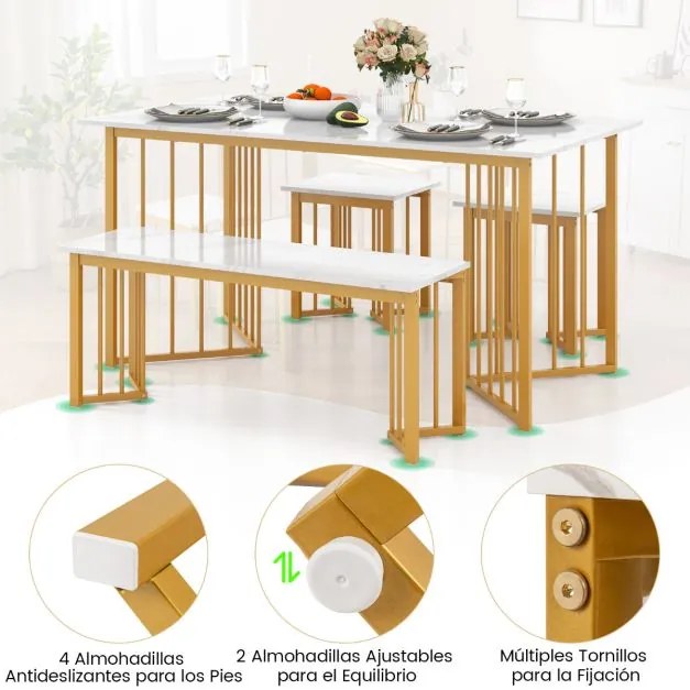 Conjunto de jantar 4 peças Mesa retangular com banco e 2 bancos Pernas de metal em grão de mármore Branco + dourado