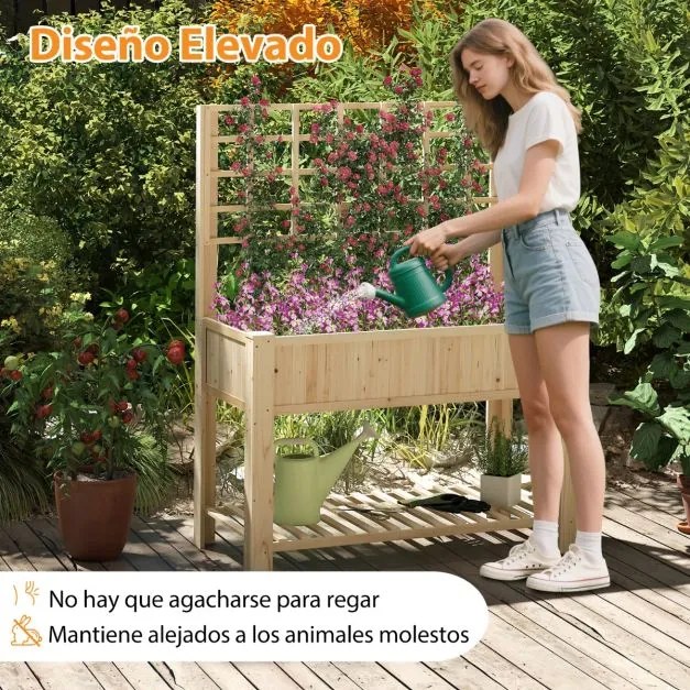Floreira elevada de jardim 116 x 59 x 150 cm em madeira  e treliça para plantas trepadeiras Natural