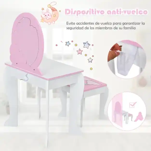 Conjunto Toucador e Banco infantil Mesa de Maquilhagem para Princesas com  Espelho Rotativo 360° Removível 3 Gavetas Branco e Rosa