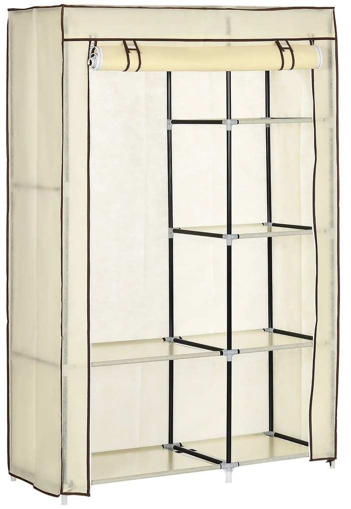HOMCOM Roupeiro de Tecido Dobrável com 6 Prateleiras e 1 Barra de Pendurar para Dormitório Vestidor 103x43x162,5cm Creme