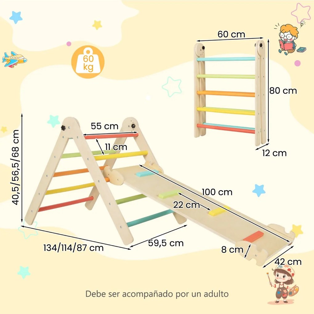 Conjunto de 3 em 1 Escalada para Bebés dobrável e ajustável em altura para parque infantil com rampa de escalada deslizante triangular Multicolor
