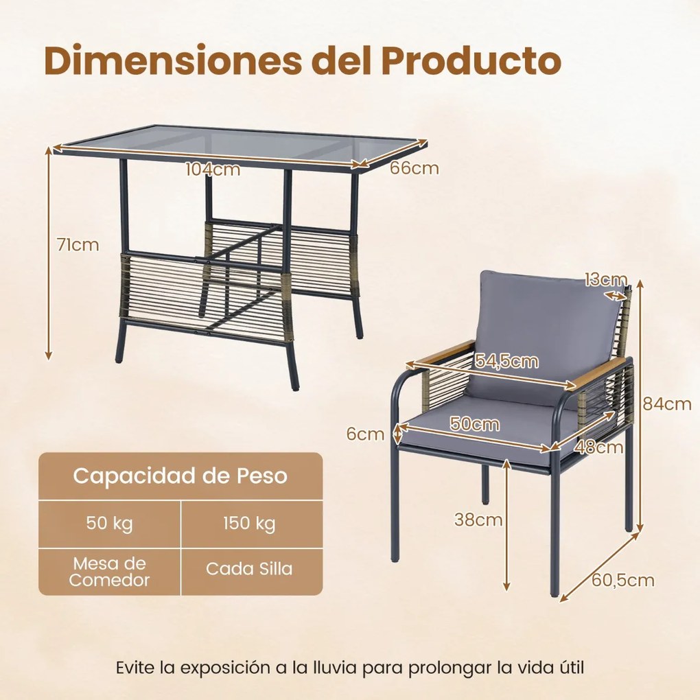 Conjunto Jardim de 3 peças de vime com almofadas, mesa retangular e cadeiras para varanda ou jardim castanho e cinza escuro