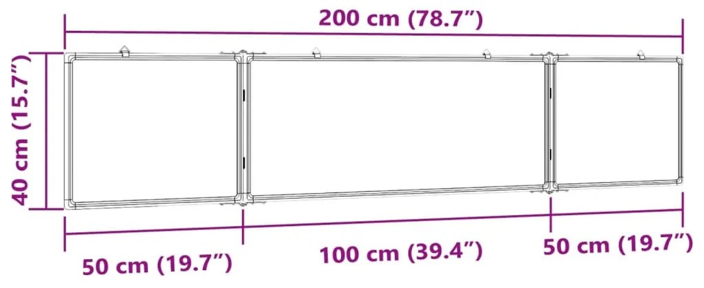 Quadro branco magnético dobrável 200x40x1,7 cm alumínio