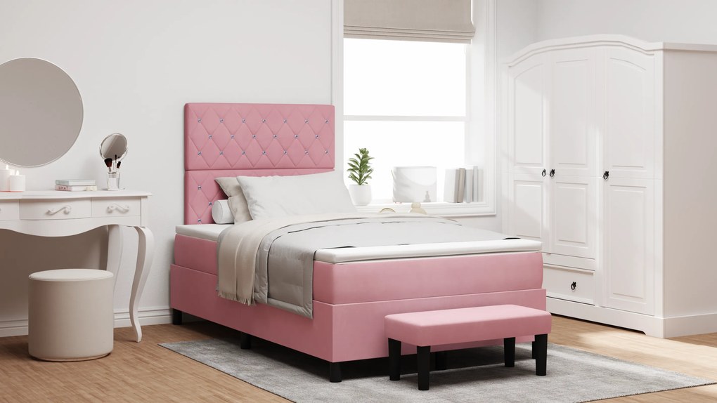 vidaXL Cama Box com Colchão &amp; Banco Rosa 120x200 cm Veludo