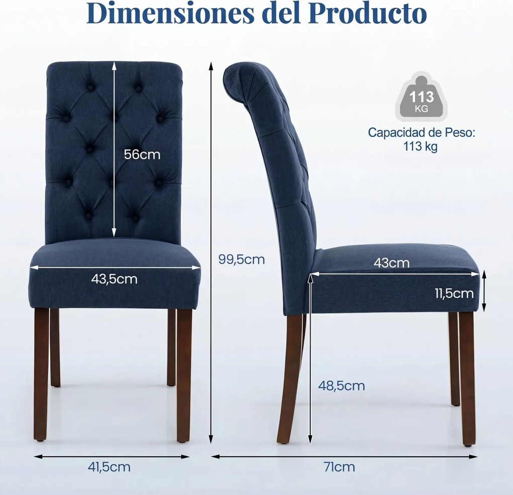 Conjunto de 2 cadeiras de jantar com encosto alto, assento almofadado e pernas em madeira maciça para sala de jantar em azul-marinho