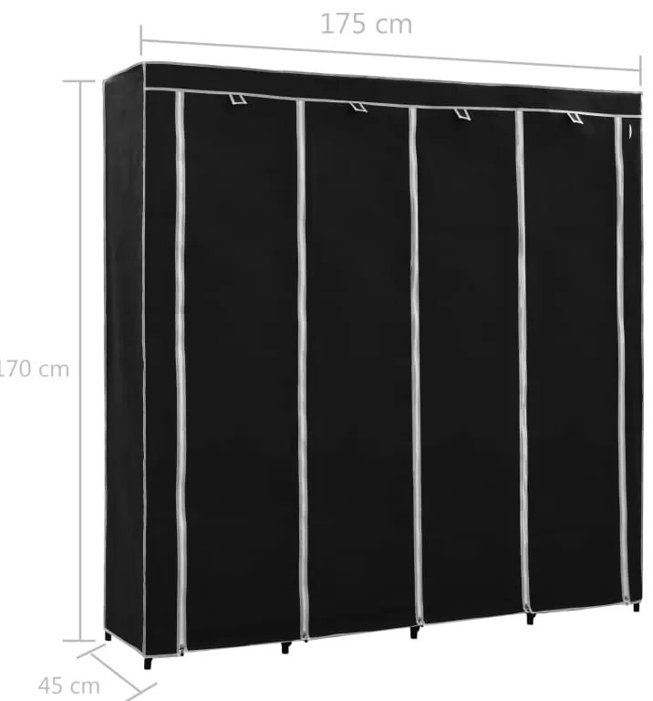 Roupeiro com 4 compartimentos 175x45x170 cm preto