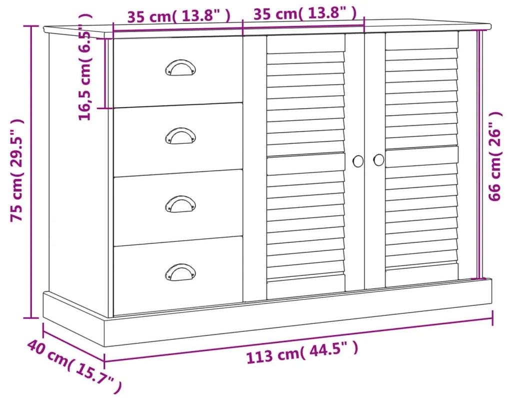 Aparador Salamanca de 4 Gavetas em Madeira Maciça Cinzento de 113 cm -