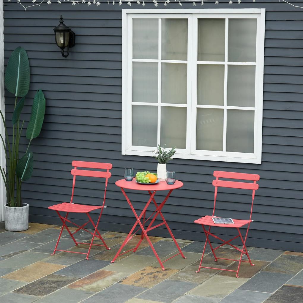 Outsunny Conjunto de móveis de jardim dobrável de 3 peças Mesa de metal e 2 cadeiras para varanda Terraço Exterior Ø60x71 cm vermelho