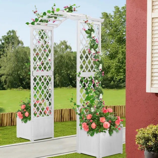 Arco de jardim com arco de madeira com floreira com treliça para plantas trepadeiras decorações para cerimônia de casamento 183x42x200cm branco