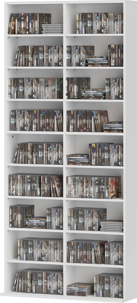 Organizador para CD e DVD com 18 compartimentos, capacidade máxima de 640 CD/360 DVD/430 Blu-ray, 78,5 x 24 x 175 cm, branco
