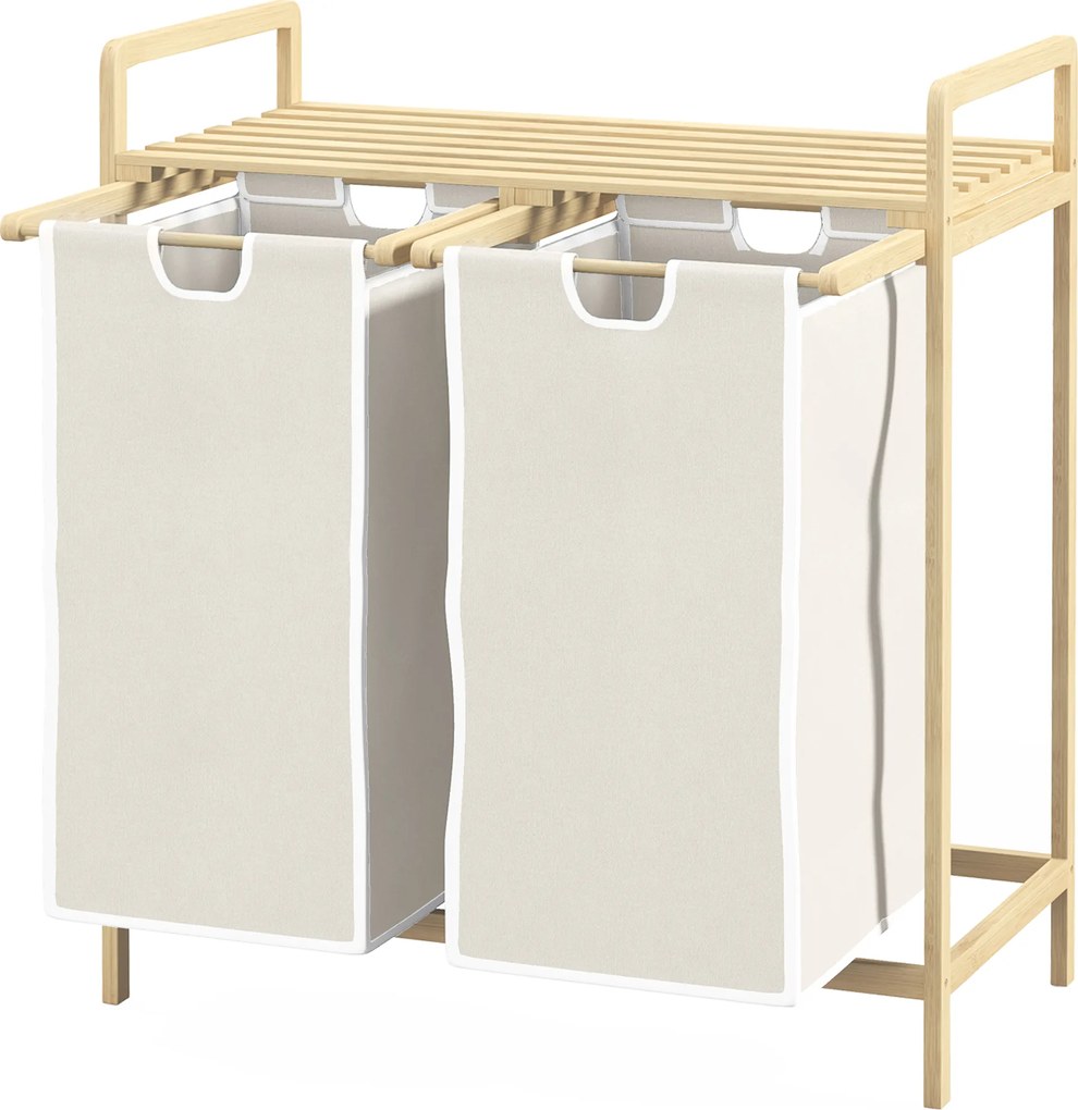 Cesto de roupa suja em bambu com 2 cestos removíveis e deslizantes em tecido não tecido 63,5 x 33 x 73 cm creme
