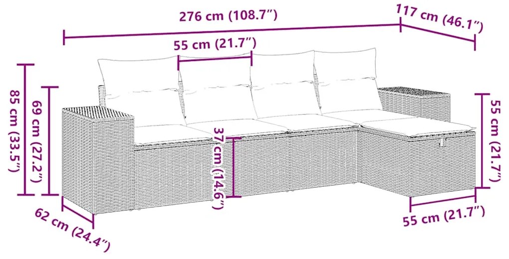 5 pcs conj. sofás jardim c/ almofadões vime PE cinzento-claro