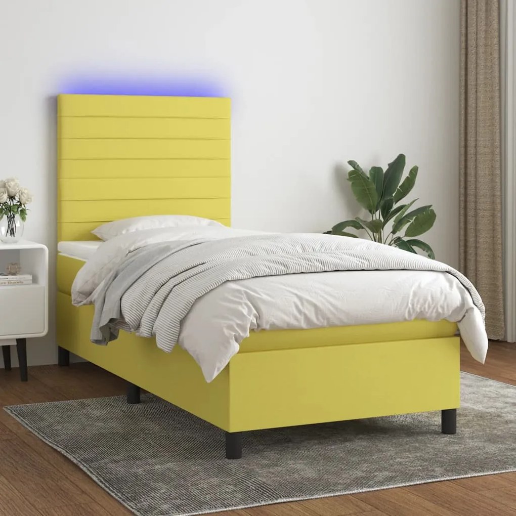vidaXL Cama box spring c/ colchão e LED 90x190 cm tecido verde