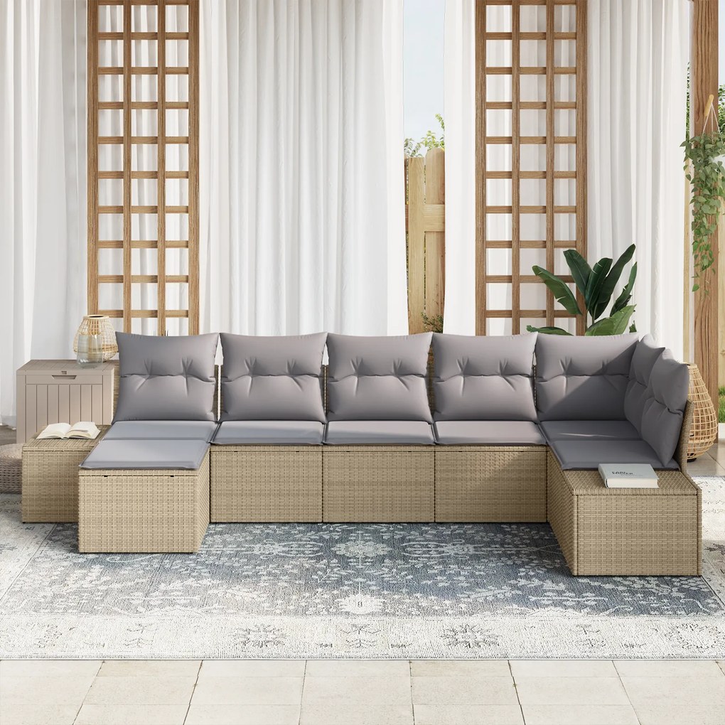 Conjunto de Sofá de Jardim de 7 Peças com Almofadas Bege Rattan Poliés