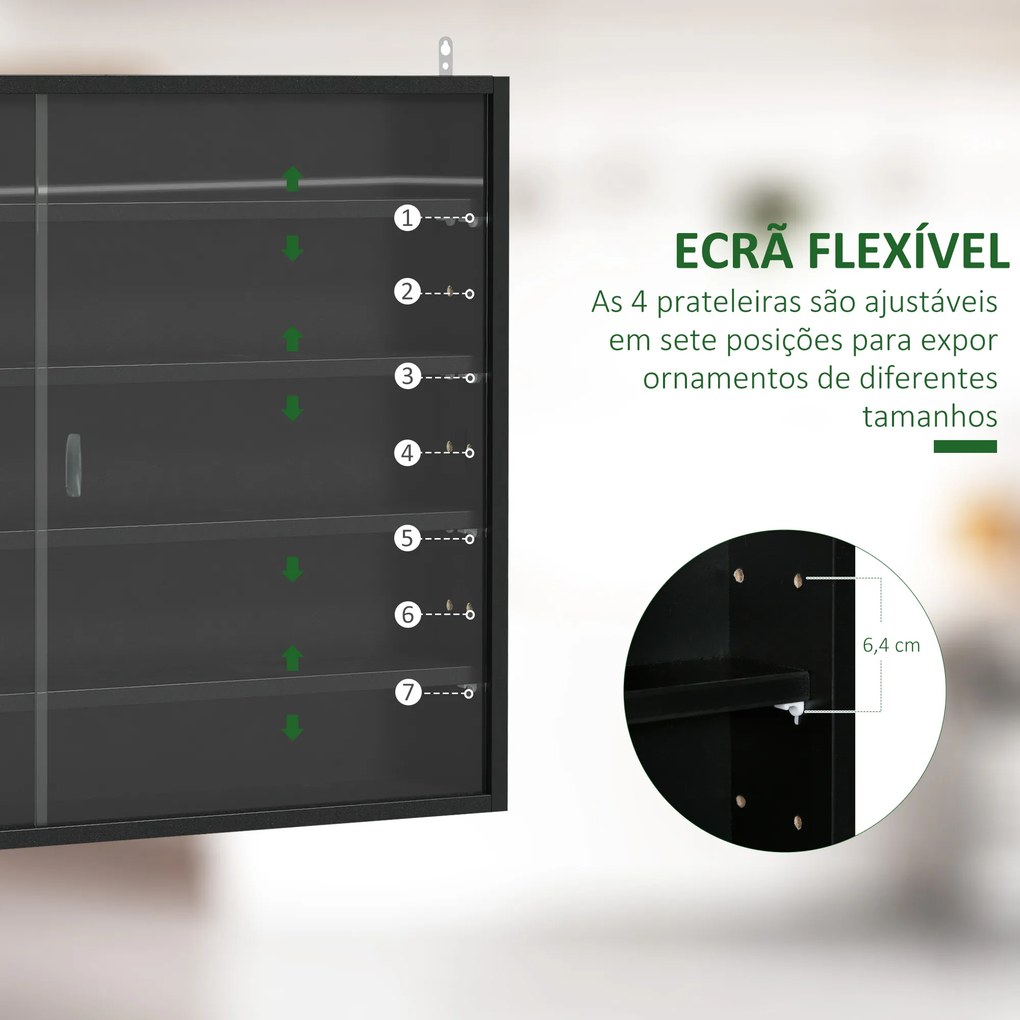 Vitrine de Parede de Madeira com Prateleiras Ajustáveis e 2 Portas Corredeiras de Vidro para Perfumes 80x9,5x60 cm Preto